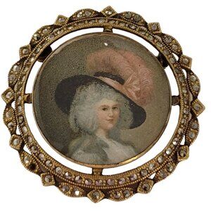 Gold Tone Marcasite Vintage Glass Bezel Frame Portrait Brooch, E747